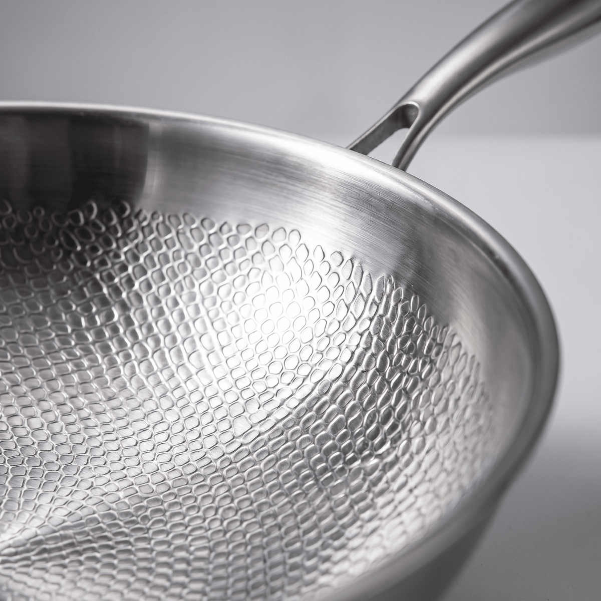 Detail of Forged Hammered Stir-Fry Pan interior surface