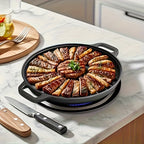 Black cast iron Non-Stick Griddle Pan on the kitchen counter cooking meat