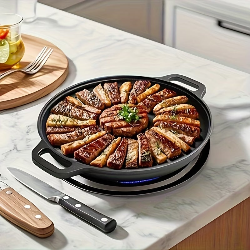 Black cast iron Non-Stick Griddle Pan on the kitchen counter cooking meat