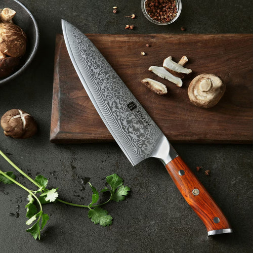 Fenn 3-piece Damascus-pattern kitchen knife set, chef's knife detail
