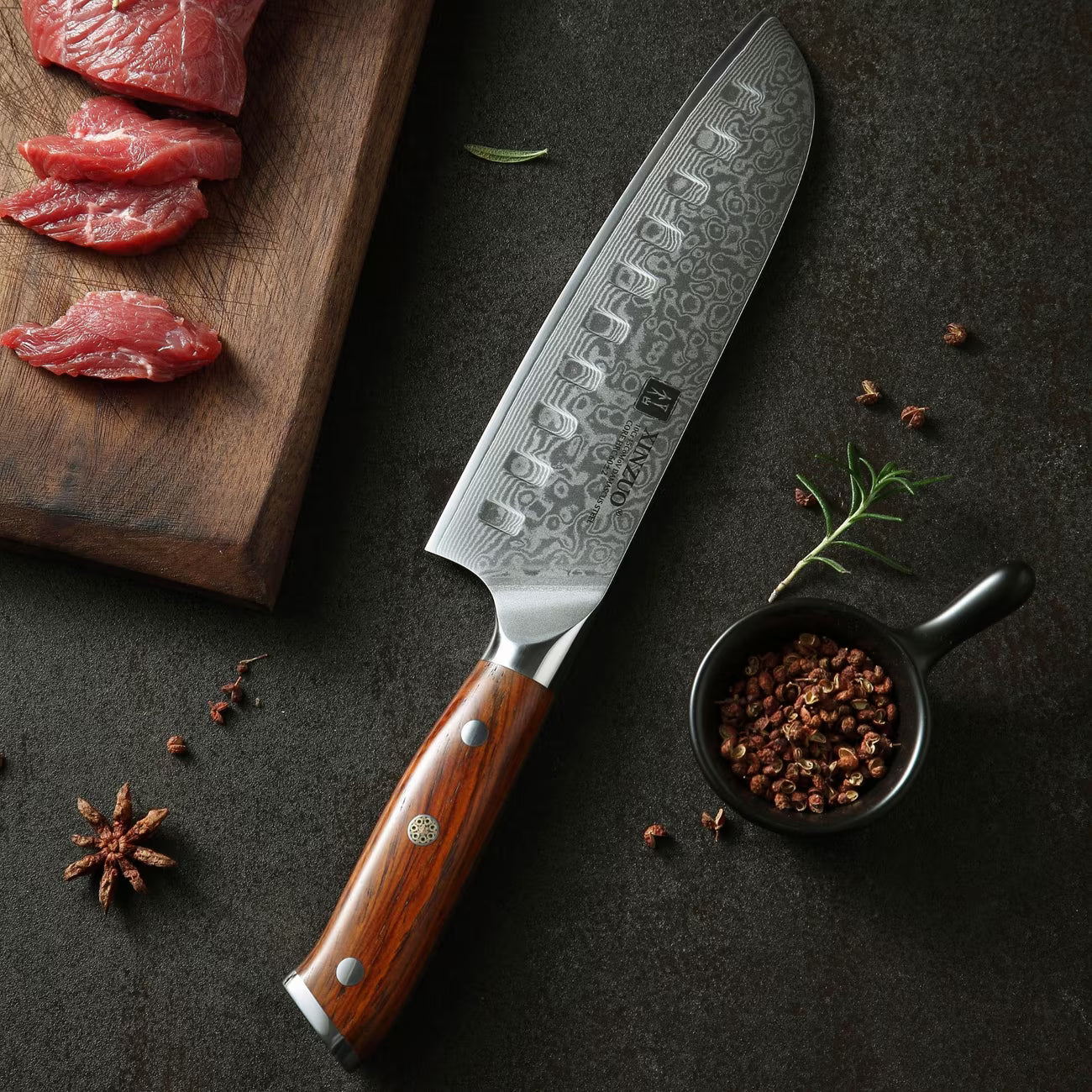 Detail view of Fenn 3-piece Damascus-pattern kitchen knife set