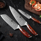 Fenn 3-piece Damascus-pattern kitchen knife set, santoku knife detail