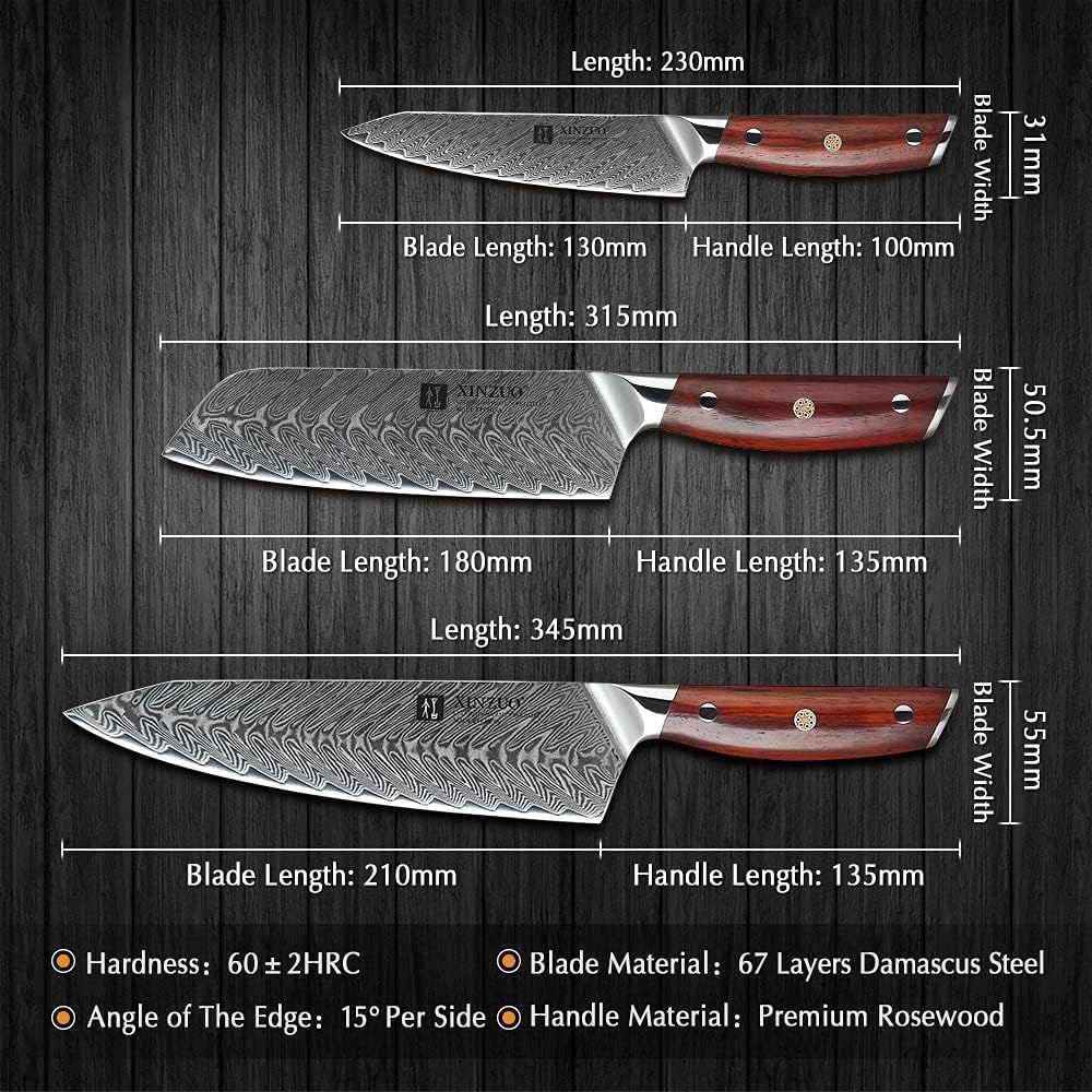 Size chart for Fenn 3-piece Damascus-pattern kitchen knife set: chef, santoku, utility
