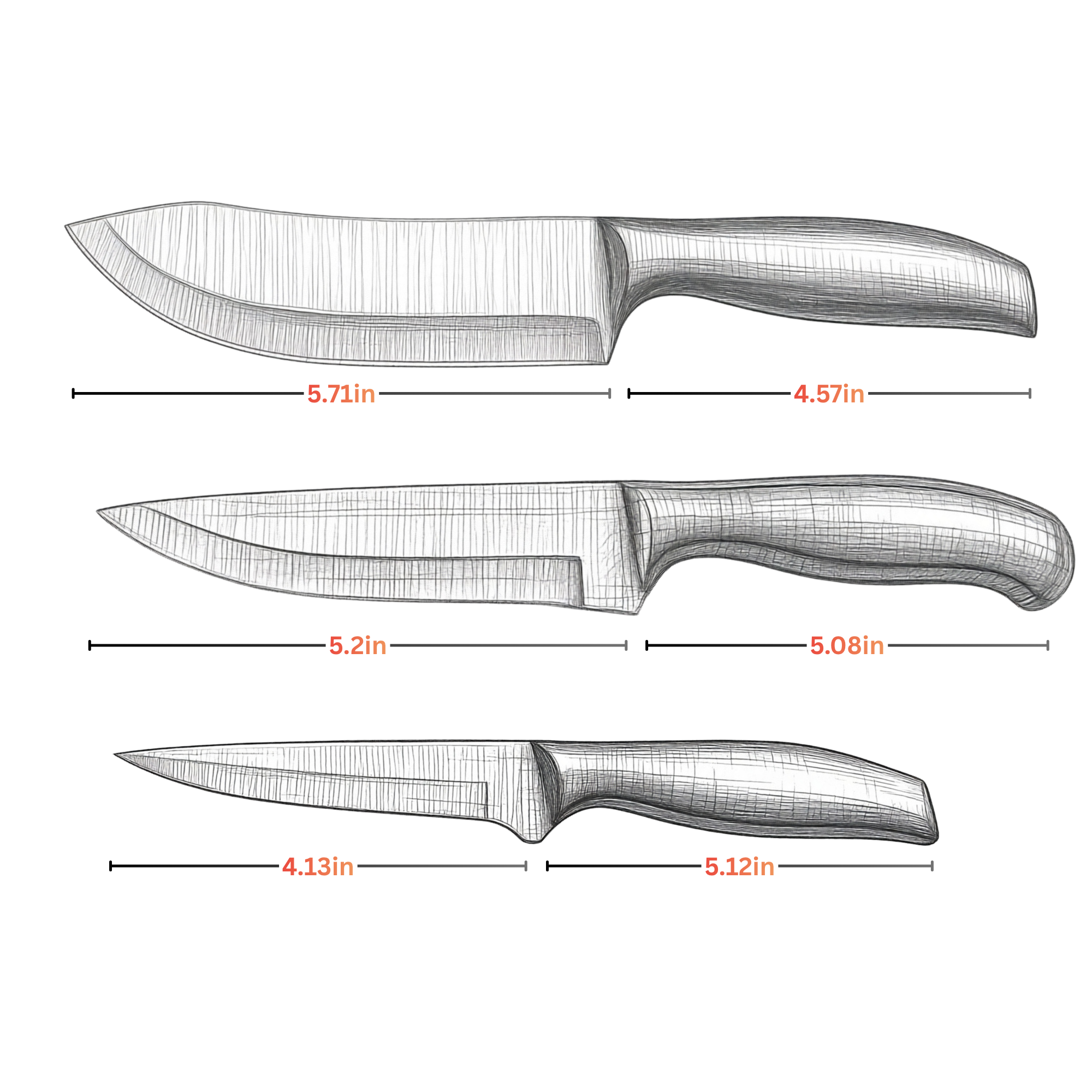 Size chart for Fenn 3-piece butcher knife set: boning, slicing, utility