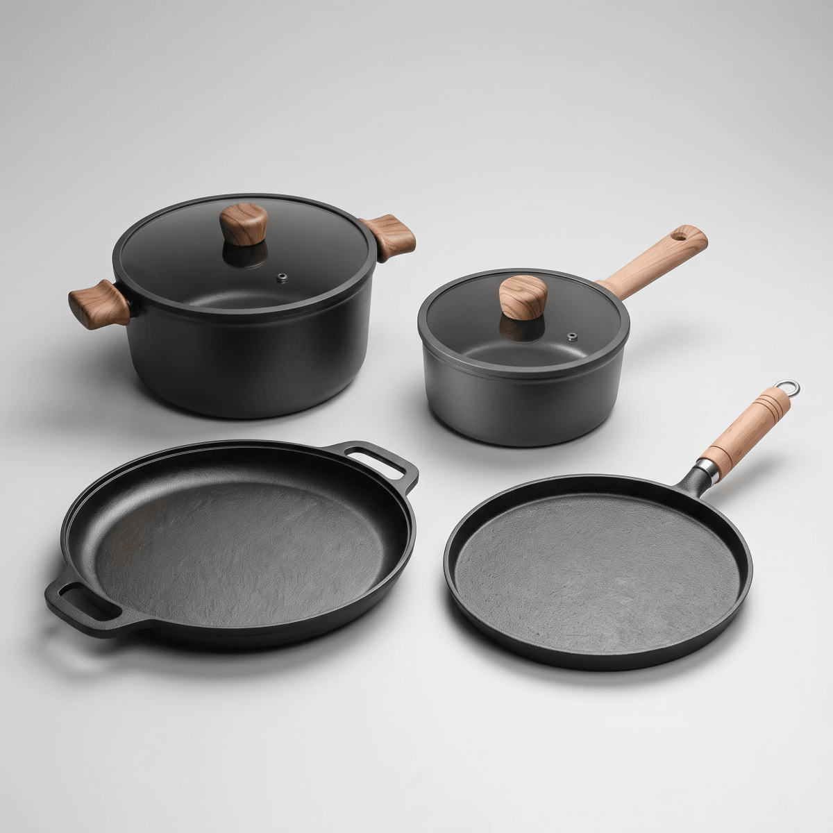 Fenn cast iron and non-stick cookware set pot, saucepan, cast iron pan, and griddle