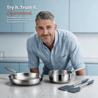 Fenn frying pan and saucepan set with kitchen tools, lifestyle shot