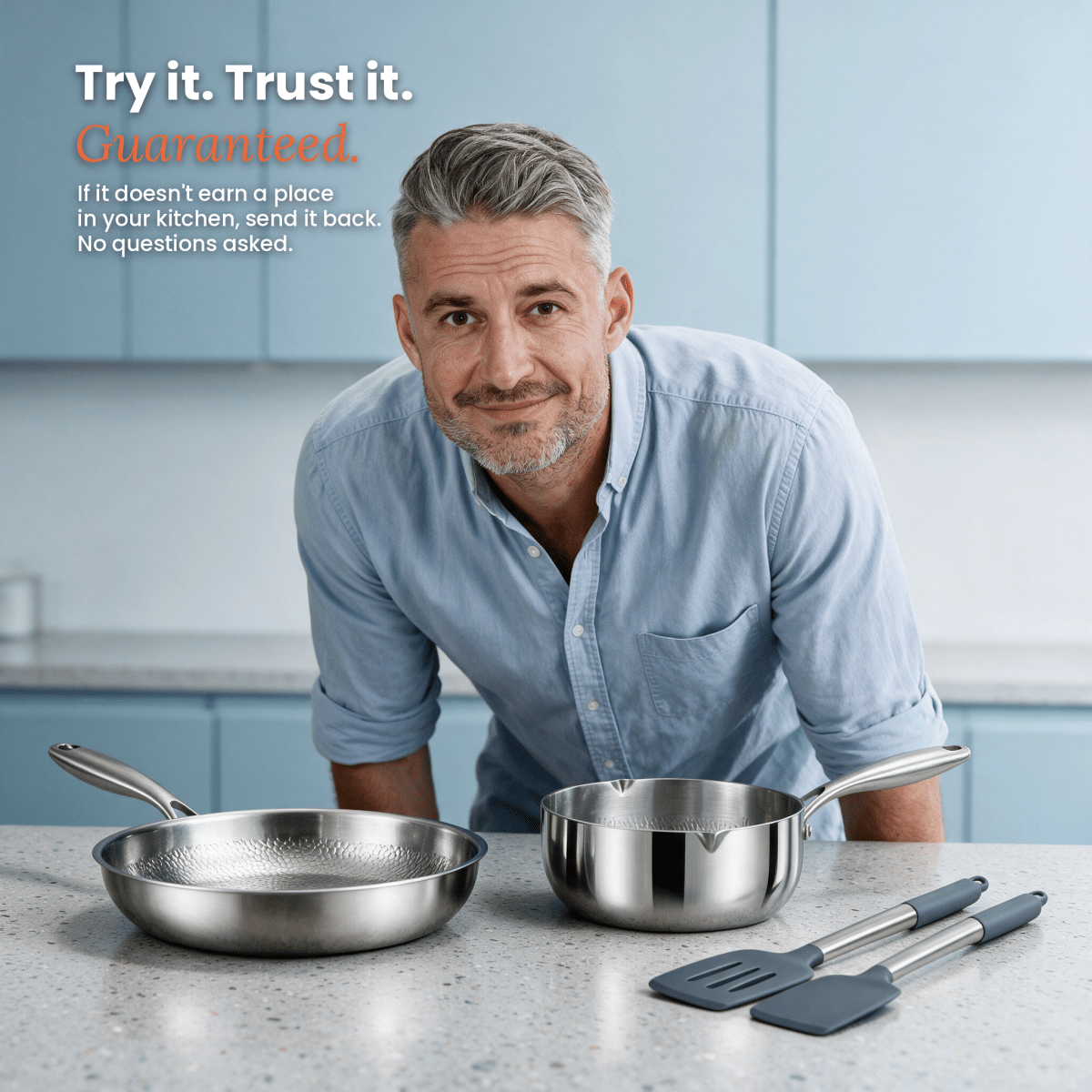 Fenn frying pan and saucepan set with kitchen tools, lifestyle shot