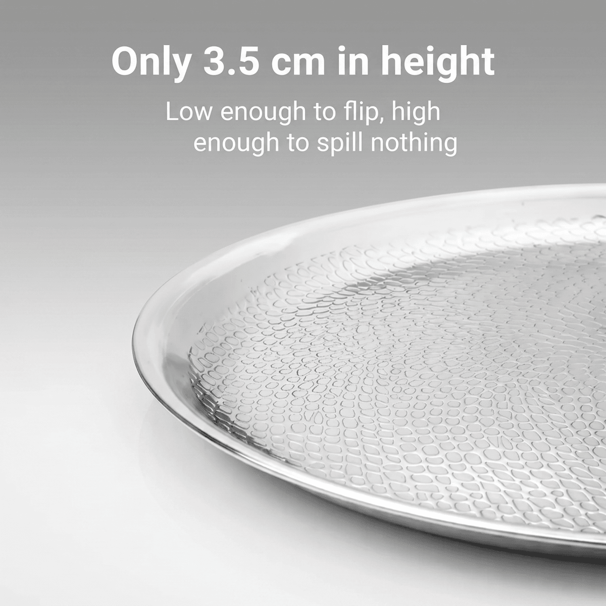 Close-up of Fenn hammered crêpe pan showing its low 3.5cm profile