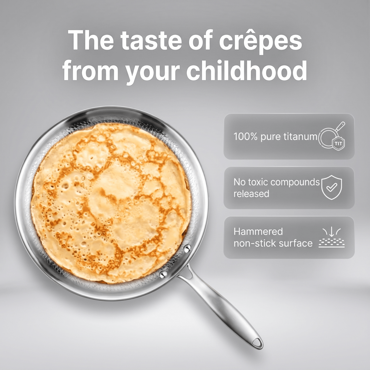 Fenn hammered crêpe pan with a finished crêpe and product claims