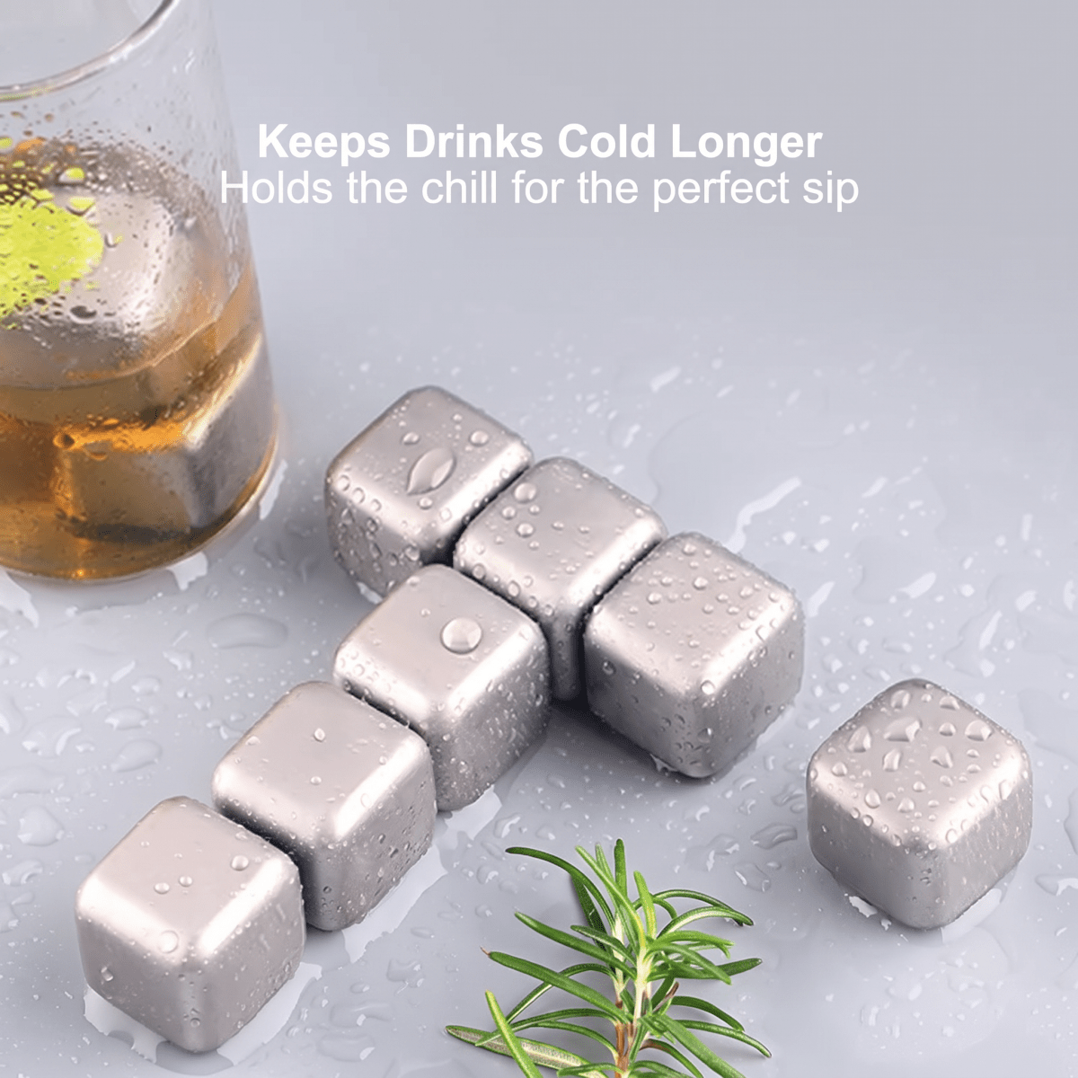 Fenn reusable metal ice cubes styled with drinkware