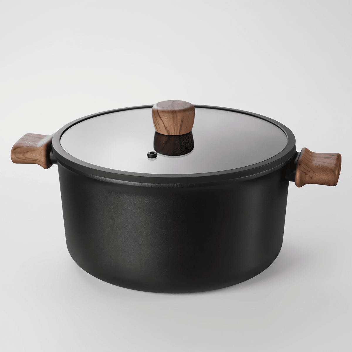 Fenn non-stick pot with glass lid and wood handles, studio view