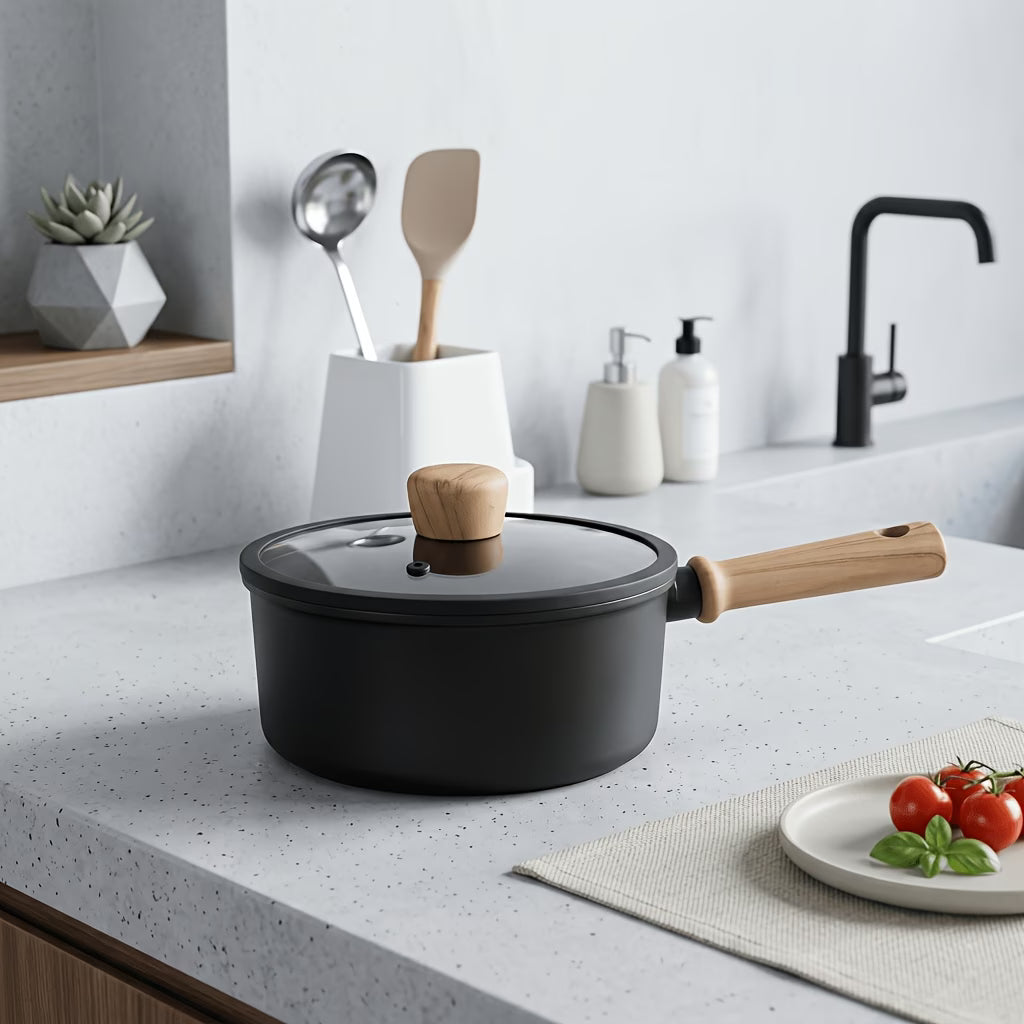 Fenn non-stick saucepan on a kitchen countertop with cooking utensils