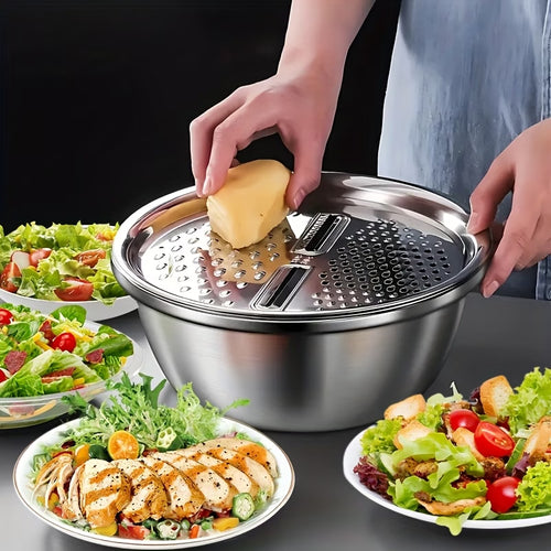 Fenn prep bowl set grater in use with fresh salads on counter