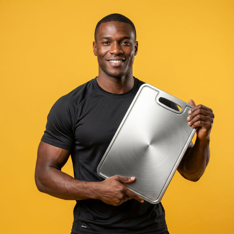 Man holding a Fenn titanium cutting board on a yellow background