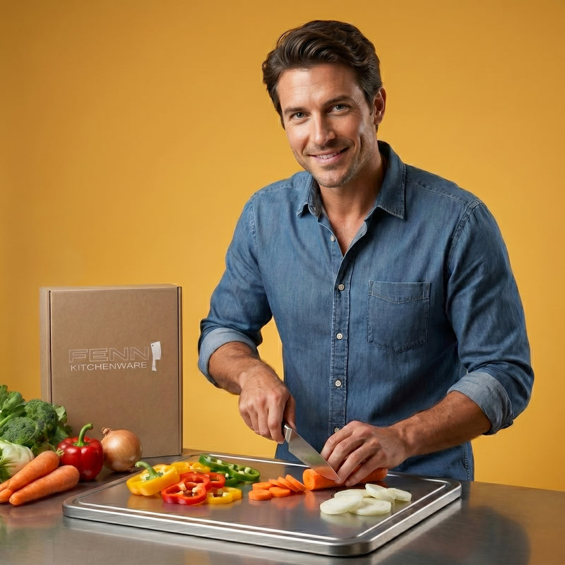 Man slicing vegetables on a Fenn titanium cutting board next to the Fenn Kitchenware box