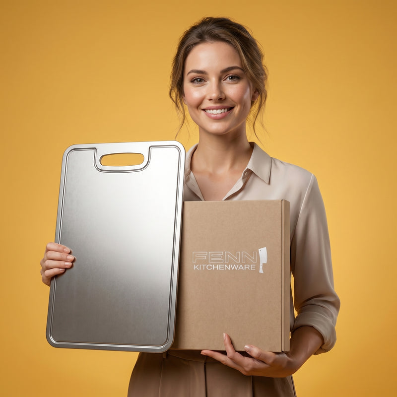 Woman holding a Fenn titanium cutting board and Fenn Kitchenware packaging