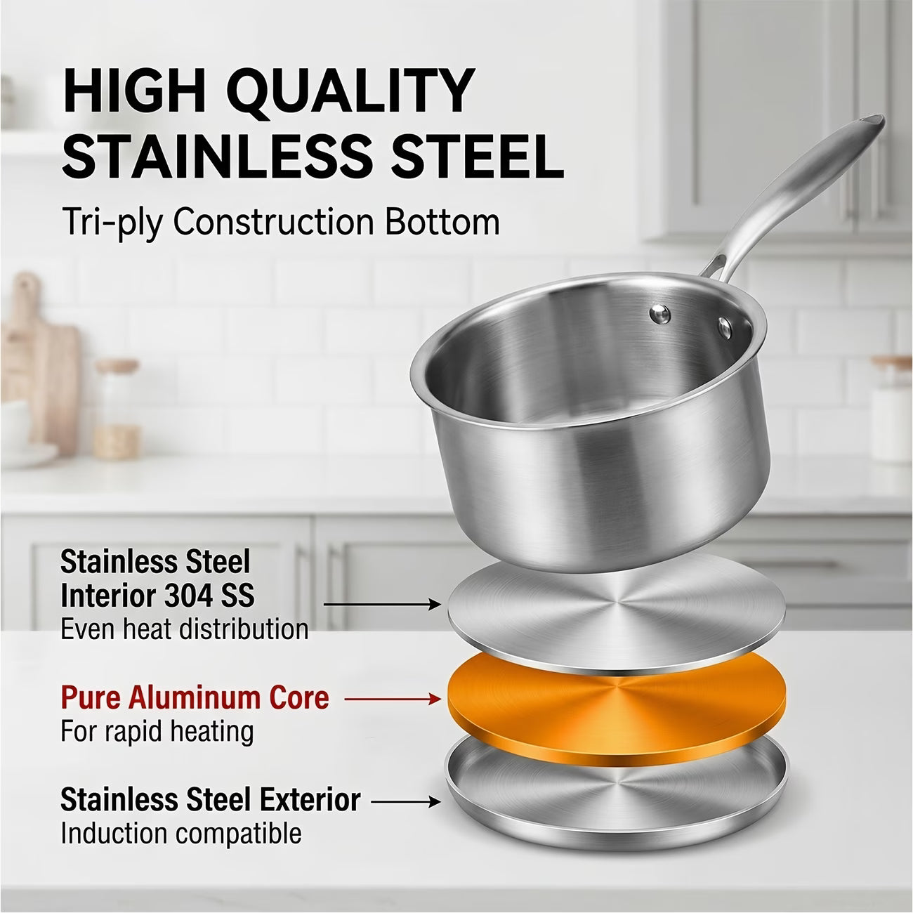 Diagram of Fenn milk pot's tri-ply construction: stainless steel, aluminum core, stainless steel