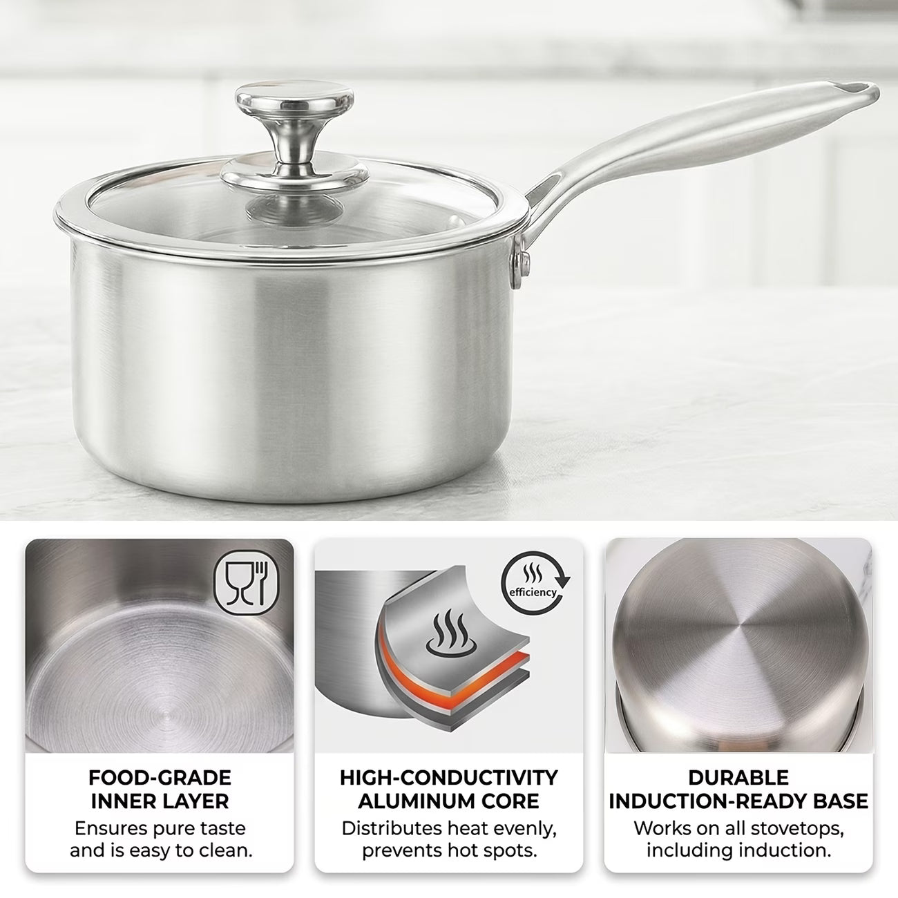 Detail shots of Fenn pot's interior, aluminum core, and induction-ready base