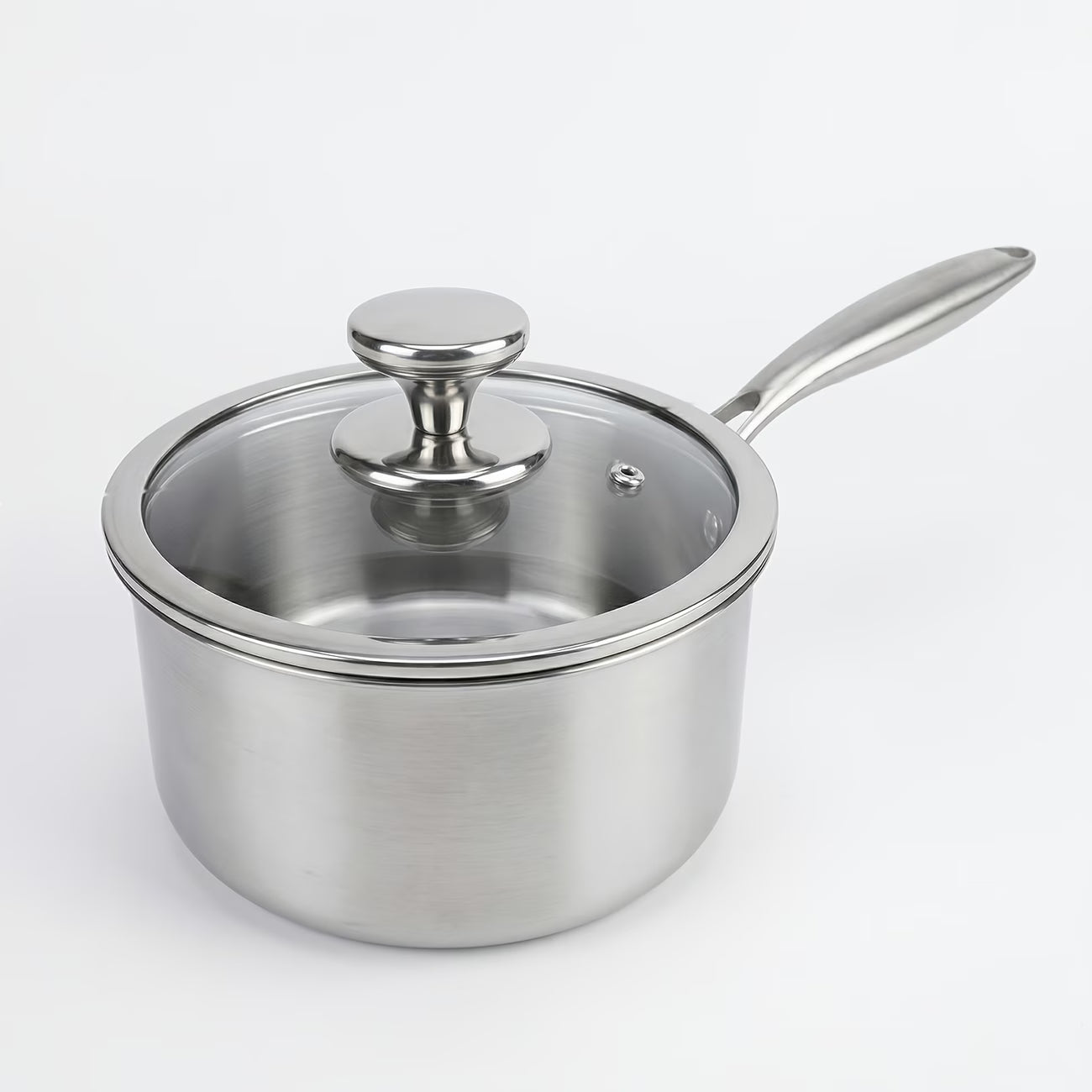Fenn tri-ply stainless steel pot with glass lid, studio shot