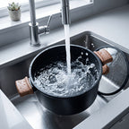 Fenn non-stick pot product video showing glass lid and wood handles