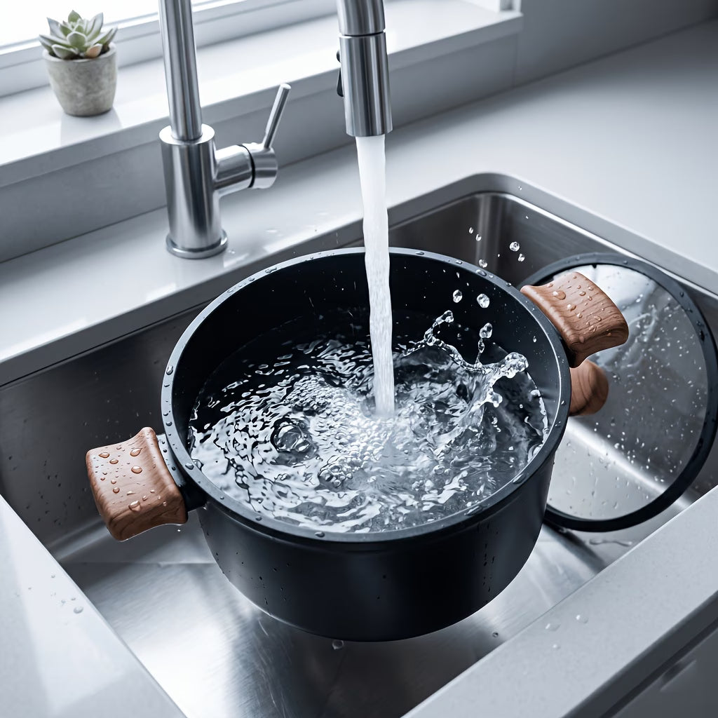 Fenn non-stick pot product video showing glass lid and wood handles